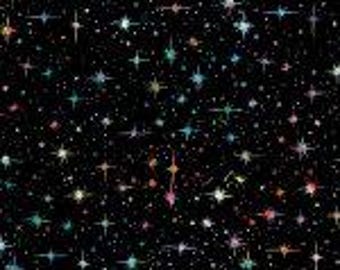 May include: Black fabric with a repeating pattern of colorful, sparkling stars. The stars vary in size and color, including shades of blue, green, pink, and gold. The overall effect is a shimmering, celestial design.