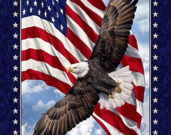 Land of the Free Patriotic Eagle panel from Timeless Treasures.  Flag, an eagle, red, white and blue. 24&quot; x 44&quot; PANEL-C7448  MULTI