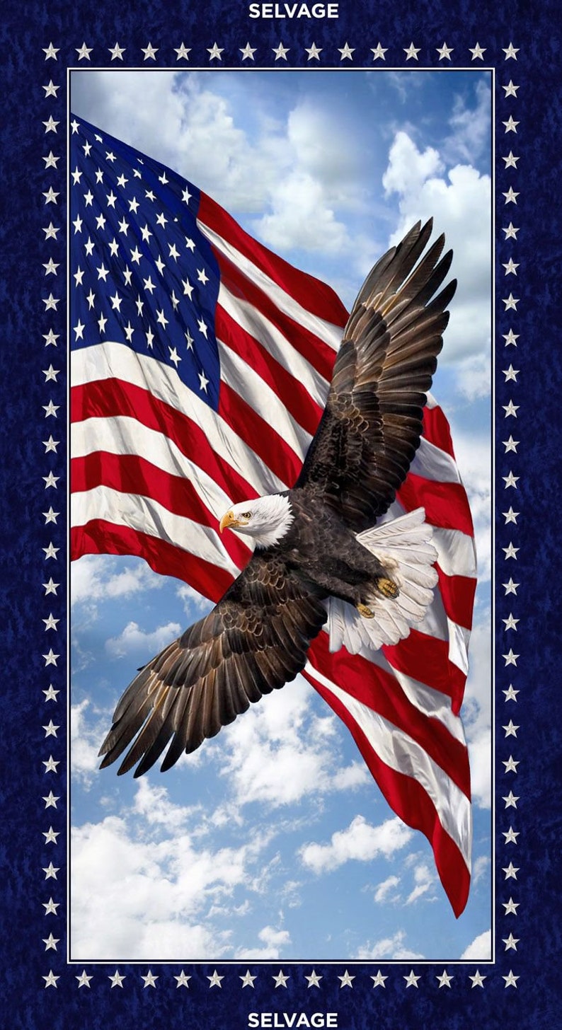 an eagle Land of the Free Patriotic Eagle panel from Timeless Treasures red 24 x 44 PANEL-C7448 MULTI Flag white and blue