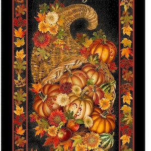 Cornucopia Metallic Panel by Timeless Treasures and coordinating fabric Panel-CM 2101 Black, Harvest-CM2104 Pumpkin, Harvest-CM2106 Black