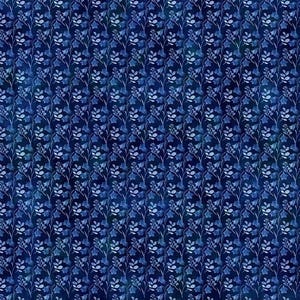 May include: A seamless pattern featuring a repeating design of blue bell flowers and leaves on a dark blue background.