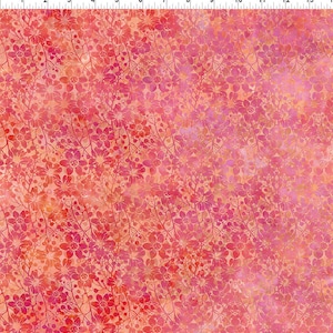 May include: A fabric with a floral pattern in shades of red, pink, and orange. The design features small flowers and vines, creating a dense, all-over print. The background has a watercolor effect, adding depth and texture to the fabric.
