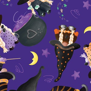 May include: A purple background with a repeating pattern of witches wearing black hats and holding cauldrons. The witches have blonde hair and are wearing purple and black dresses. There are also stars and moons on the background.