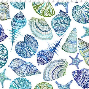 May include: A white background is covered with detailed illustrations of seashells and starfish in shades of blue, teal, and green. The designs feature intricate patterns and lines, creating a textured appearance. The overall theme is nautical.