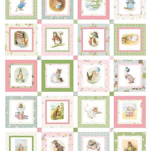 May include: A patchwork quilt with a white background and pink, green, and blue squares. Each square features a different illustration of a rabbit, squirrel, cat, owl, mouse, or other animal. The quilt is perfect for a nursery or child's room.