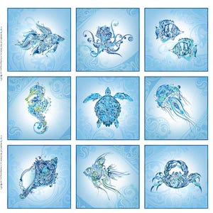 May include: Nine square images featuring stylized aquatic creatures. Each image showcases a different sea animal, including fish, an octopus, a seahorse, a turtle, a jellyfish, a seashell, and a crab. The designs are intricate, with swirling patterns in shades of blue.