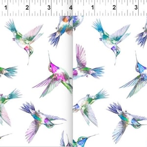 May include: A white background with a repeating pattern of watercolor hummingbirds in various shades of blue, green, pink, and purple.
