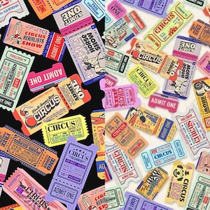 May include: A collection of colorful vintage circus ticket designs with text that reads "Circus", "World Famous Circus", "Admit One", and "Circus Show".