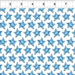 May include: White fabric with a repeating pattern of blue starfish. Each starfish has a detailed, textured appearance with varying shades of blue and a silver outline. The starfish are evenly spaced across the fabric.