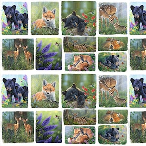 May include: A fabric pattern featuring repeating rectangular illustrations of North American wildlife, including black bear cubs, red fox kits, white-tailed deer fawns, and hummingbirds amidst colorful wildflowers, green foliage, and forest settings.