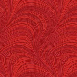 May include: A vibrant red fabric with a flowing, wave-like pattern. The design features darker red lines that create a sense of movement and depth. This textile is suitable for various crafting and design projects.