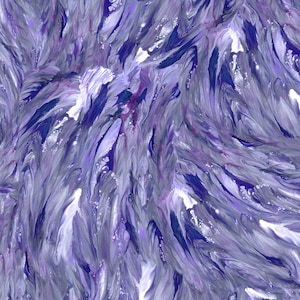 May include: An abstract acrylic pour painting featuring a dynamic blend of deep violet, royal blue, lavender, and stark white colors. The composition displays fluid, feather-like strokes and marbled textures that create a sense of movement.