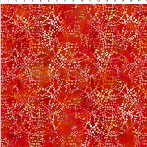 May include: Red fabric with a white and yellow pattern of connected circles. The circles are arranged in a repeating pattern that resembles a network or web.
