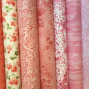Peaches, corals and pinks from several manufactures (listed below) for your special projects. Quilt shop excellent quality cotton fabric