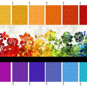 May include: A rectangular fabric swatch display featuring a central horizontal panel with a vibrant, watercolor-style floral print in a full rainbow spectrum. This panel is surrounded by a grid of individual solid-colored fabric squares.