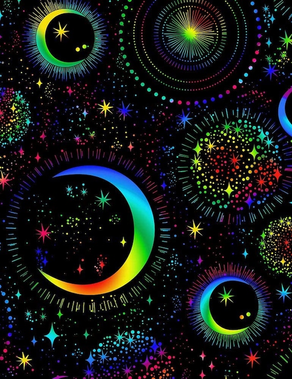 Rainbow, Stars, Moon on a Black Background From Timeless Treasures.  Colorful Celestial Image. Fun-c7431-black -  Sweden