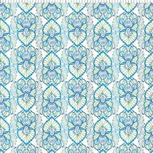 May include: A repeating pattern of stylized floral and paisley elements in shades of blue and green on a white background. The design features intricate details and a symmetrical arrangement, suitable for fabric or wallpaper.
