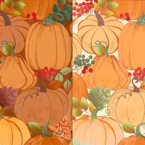 May include: A seamless pattern featuring orange pumpkins, green leaves, and red berries. The pumpkins are arranged in a random pattern, with some overlapping. The leaves are green and have a variety of shapes. The berries are red and are clustered together.