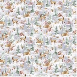 May include: A seamless pattern featuring a winter wonderland scene with white snow, green trees, brown deer, and red berries. The background is a light blue color.