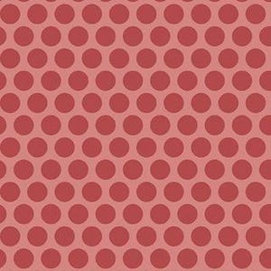 May include: A repeating pattern of solid dark red circles arranged in a grid formation against a lighter, muted rose-pink background. The circles are uniform in size and evenly spaced, creating a consistent geometric polka dot design across the surface.