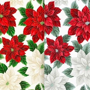 May include: A repeating pattern of poinsettia flowers in red, white, and cream colors with green leaves. The flowers are in full bloom, with detailed petals and a realistic appearance. The background is white.