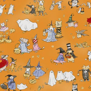 May include: An orange fabric featuring a repeating illustration of various animals in Halloween costumes, including cats, dogs, and mice dressed as ghosts, witches, and wizards, with pumpkins and trick-or-treat buckets scattered throughout.