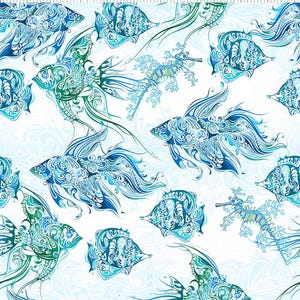 May include: A repeating pattern of stylized fish in shades of blue and teal on a white background. The fish designs include intricate swirling details, with some resembling seahorses. The overall theme is aquatic.