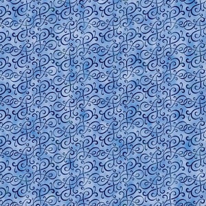 May include: A seamless pattern of blue swirls on a light blue background. The swirls are intricate and create a delicate and elegant design.