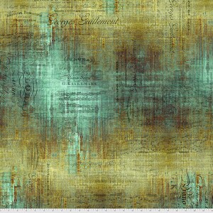 May include: Textured fabric with a vintage aesthetic. The design features a blend of teal, brown, and gold hues, with faded script and text overlays. The overall effect is reminiscent of aged parchment or antique documents, suitable for crafting or decorative projects.