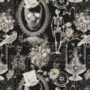 May include: A black fabric featuring a repeating pattern of white illustrations including skulls wearing top hats, full skeletons, floral arrangements in urns, ravens, and glass cloches. The design includes intricate script text overlays.
