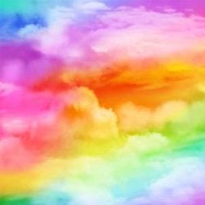 May include: Abstract digital art featuring a colorful rainbow sky with fluffy white clouds. The colors are vibrant and blend together seamlessly, creating a dreamy and ethereal atmosphere.