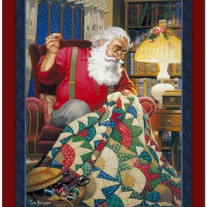 May include: An illustration of Santa Claus sewing a colorful quilt. He is wearing a red shirt with green suspenders and glasses. The quilt has a starburst pattern with red, green, and blue accents. A basket of sewing supplies sits in the foreground.