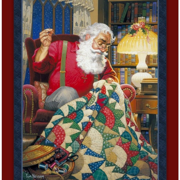 Quilting Santa panel from MDG. Coordinating fabric from various manufacturers also available.  Fun holiday scene.