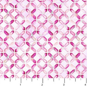 May include: A fabric with a repeating geometric pattern. The design features a grid of white squares, each containing a pink, watercolor-style cross shape. The crosses are in varying shades of pink and magenta, with some hints of green and yellow.