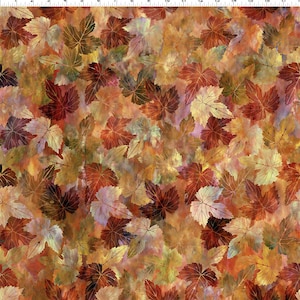 May include: A fabric pattern featuring overlapping leaves in shades of red, brown, yellow, and green. The leaves have a detailed vein structure and are set against a mottled background, creating a fall-themed design.