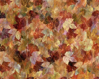 Peut inclure: Un motif de tissu avec des feuilles qui se chevauchent dans des tons de rouge, de marron, de jaune et de vert. Les feuilles ont une structure veineuse détaillée et sont posées sur un fond moucheté, créant un design sur le thème de l'automne.