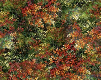 May include: A seamless pattern featuring a variety of fall foliage in shades of green, yellow, orange, and red. The leaves are arranged in a random pattern, creating a realistic and vibrant autumnal scene.