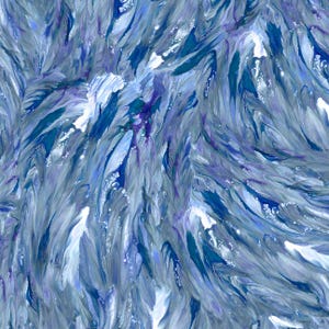 May include: An abstract painting featuring a dynamic blend of deep blue, light blue, violet, and white acrylic paint. The composition displays fluid, sweeping brushstrokes and textured layers that create a sense of movement and depth across the canvas.