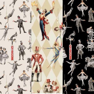 May include: A seamless pattern featuring a circus theme with various performers, including a ringmaster, a trapeze artist, a clown, and a tightrope walker. The pattern is set against a background of alternating white and beige diamond shapes. The words "CIRCUS" are featured in red on a white sign.