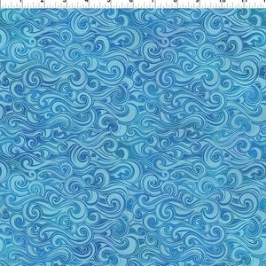 May include: A seamless pattern featuring a swirling wave design in shades of blue. The pattern has a watercolor effect, with lighter blue hues blending into darker shades, creating a sense of depth and movement. The design is suitable for fabric or wallpaper.