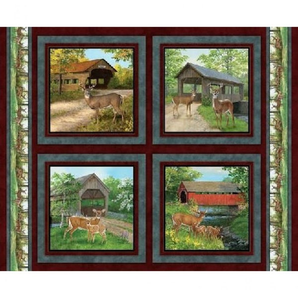 Covered Bridge Deer pillow panel from MDG . Beautiful images of deer and covered bridges for the guys and nature lovers in your life.