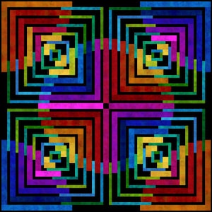 May include: Abstract geometric pattern with concentric squares in shades of red, orange, yellow, green, blue, purple, and pink on a black background.