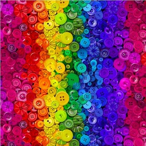 May include: A colorful background of rainbow buttons. The buttons are arranged in a vertical pattern, with each row featuring a different color of the rainbow. The buttons are all different sizes and shapes, and some have unique designs.