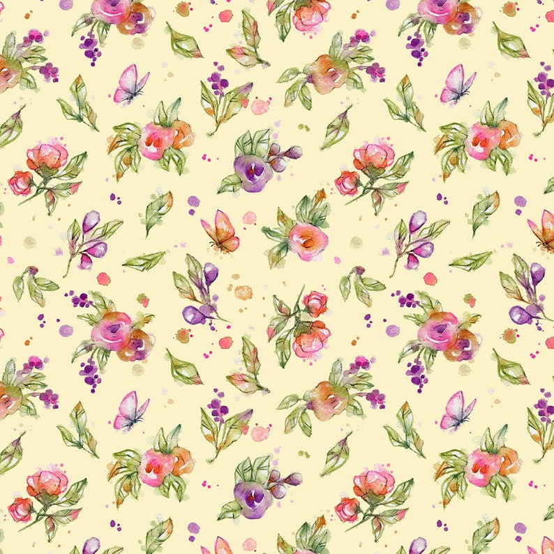 May include: A seamless pattern featuring watercolor illustrations of pink and purple flowers, butterflies, and green leaves on a light yellow background.