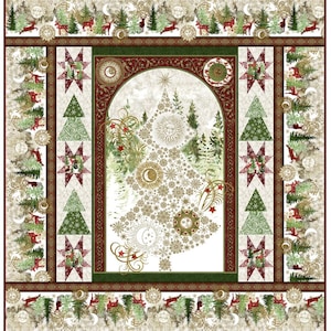 May include: A decorative Christmas-themed fabric panel featuring a central tree design composed of snowflakes, suns, and moons. The border includes deer, trees, and celestial elements in green, red, and gold tones.