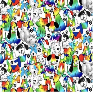 May include: A vibrant pattern featuring numerous cartoon dogs in various colors, including blue, green, yellow, and red, set against a white background. The dogs have different expressions and are interspersed with black paw prints.