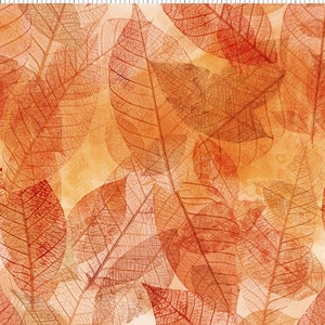 May include: A seamless pattern featuring delicate, translucent leaves in shades of orange, red, and brown. The leaves are layered and overlapping, creating a sense of depth and texture. The background is a soft, light yellow.