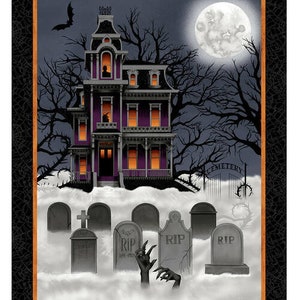 Spooky Night Panel by Grace Popp for Studio E. Large panel depicting a spooky haunted house and graveyard. 5729P-93 Black/Orange