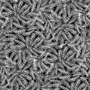 May include: A black and white pattern featuring a dense arrangement of white, fern-like shapes. The design is a repeating motif, creating a textured, high-contrast visual effect. The overall aesthetic is reminiscent of a botanical print.