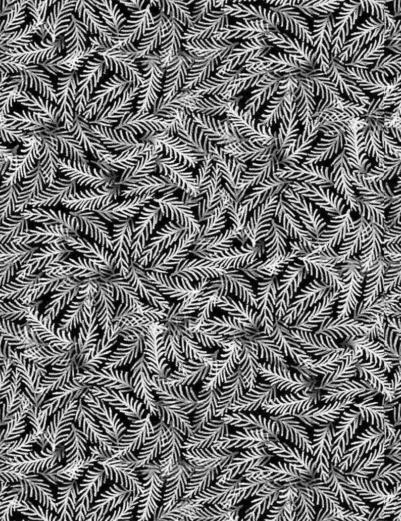 May include: A black and white pattern featuring a dense arrangement of white, fern-like shapes. The design is a repeating motif, creating a textured, high-contrast visual effect. The overall aesthetic is reminiscent of a botanical print.